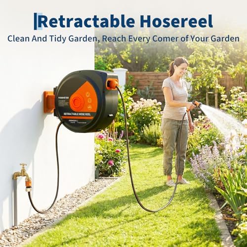 100 Ft X1/2 in Retractable Garden Hose Reel, Wall Mounted Heavy Duty Garden Hose Reel with 10 Spray Nozzle, Slow Retraction System, 180°Swivel Bracket, UV Resistant & 3-Layer Protect - Image 2