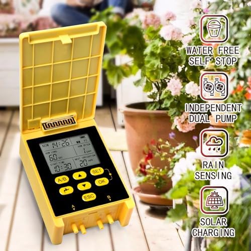 Solar Powered Dual Pump Drip Irrigation Kit,Child Lock 2 Group Automatic Watering System with Rain Sensing Digital Display Screen for Garden Patio Balcony Vacation (for 30 Pot Plants) - Image 4