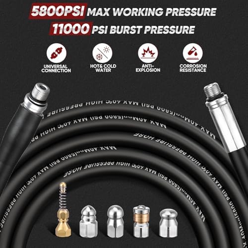 50FT Sewer Jetter Kit for Pressure Washer, 5800 PSI Drain Cleaning Hose with 5 Jet Nozzles & 2 Adapters, Compatible with Spray Guns and Power Washers, Ideal for Clogged Pipes and Drains - Image 3