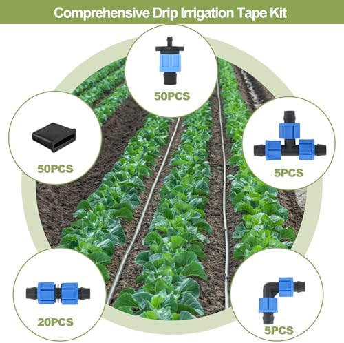 3280 ft 5/8" Drip Irrigation Tape Kit 8 mil Emitter Spacing 6" Flat Drip Tape with 140 PCS Drip Tape Connectors Automatic Irrigation Equipment for Garden Irrigation Emitter Flow:0.79 GPH - Image 4
