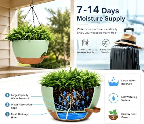 12" Self Watering Hanging Planters with Chains, Green Brown，2 Pack - Image 2