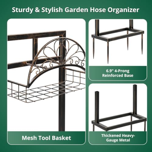 Garden Hose Holder with Storage Basket, Heavy Duty Freestanding Water Hose Stand with 4 Ground Spikes, Garden Hose Holder, Water Hose Stand, Hose Rack, Storage Basket, Outdoor Organizer - Brozne - Image 2