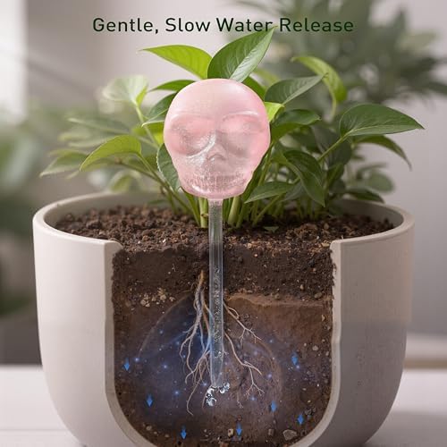Soilagua 10 oz Glow-in-The-Dark Smiling Cute Skull Glass Plant Watering Globes, Halloween Goth Water Bulbs, Gothic Plant Self Watering Devices, Self Watering Planter Insert Plant Waterer, 2 Pack - Image 5