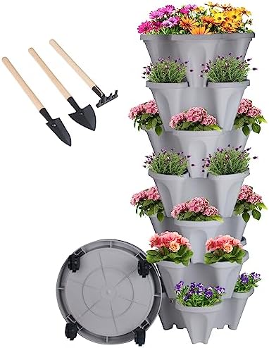 GameXcel Vertical Planter Tower - 7 Tier Stackable Garden Planters with Wheels and Tools Plant Pots for Strawberry Herb Flower and Vegetable Indoor Outdoor Use Gray by GameXcel