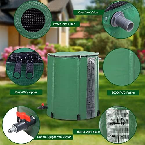 Collapsible Rain Barrel, 45 Gallon Portable Rainwater Collection System, Rain Catcher Barrel with Volume Scale Mark, Spigots and Overflow Kit, Rain Water Barrel Collector for Garden, Green - Image 7