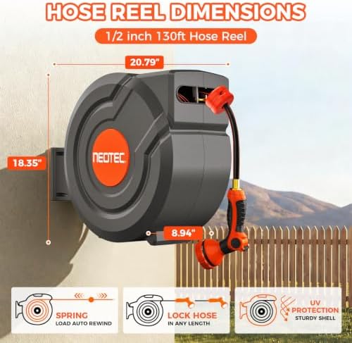 Upgraded Retractable Garden Hose Reel 1/2" x 130 ft 9 Pattern Nozzle Any Length Lock Wall-Mounted Automatic Slow Return 180° Swivel UV Resistant Heavy Duty Hose Reels for Outside - Image 3