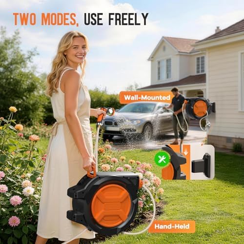 Retractable Garden Hose Reel 1/2" 100ft, 2-in-1 Wall Mount & Portable Auto Rewind Water Hose Reel with Any Length Lock & 180° Swivel, Heavy Duty Outdoor Hose Storage for Garden, Patio and Car Washing - Image 6