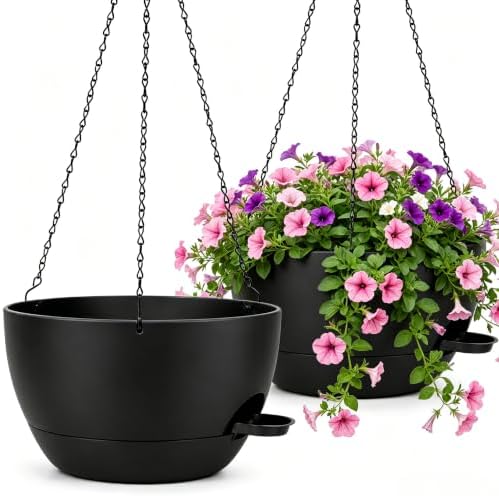12" Self Watering Hanging Planters with Chains, Black, 2 Pack by zople