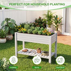 Elevated Resin Raised Garden Bed, 33.7in Height Raised Planter Box with Drainage Holes, Lockable Rotating Wheels & Bottom Storage Shelf, Stake Support, Easy Assembly for Patio Lawn Backyard Balcony - Image 4
