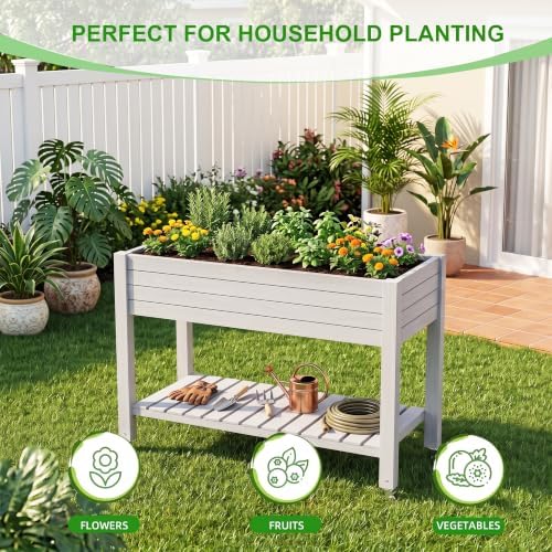 Elevated Resin Raised Garden Bed, 33.7in Height Raised Planter Box with Drainage Holes, Lockable Rotating Wheels & Bottom Storage Shelf, Stake Support, Easy Assembly for Patio Lawn Backyard Balcony - Image 4