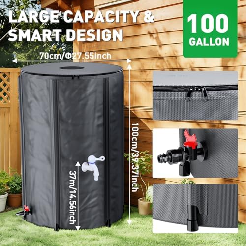 Yesker Collapsible Rain Barrel, 100 Gallon Portable Rainwater Collection System, 550D PVC Water Storage Tank, Rain Catcher with Spigots Filter Overflow Kit, Grey - Image 3