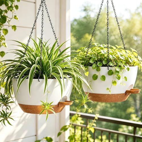 12" Self Watering Hanging Planters with Chains, White Brown, 2 Pack - Image 5