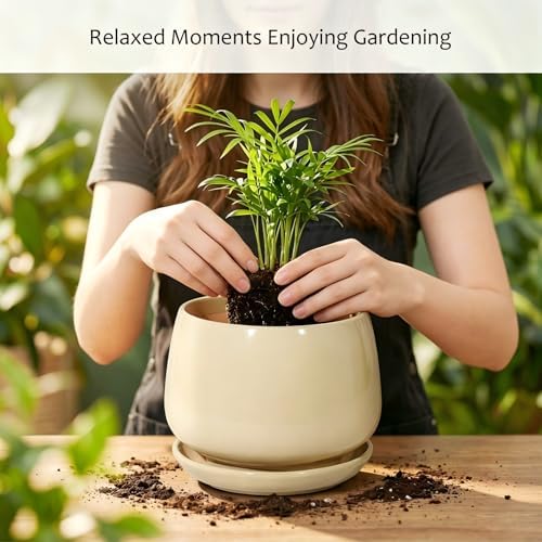 7.5 Inch Ceramic Planter with Saucer,Modern Garden Pots with Drainage Hole Mesh Net, for Indoor Outdoor Use(Pink Yellow) - Image 5