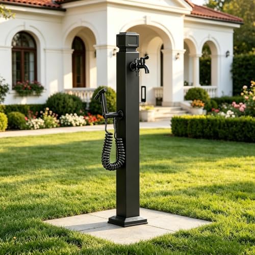 Outdoor Stainless Steel Water Column Spigot, Freestanding Garden Hose Holder with Brass Faucet, Matte Black Decorative Fountain Water Post for Irrigation Washing(E,Height: 80cm/31.5in) by Lonmrrton