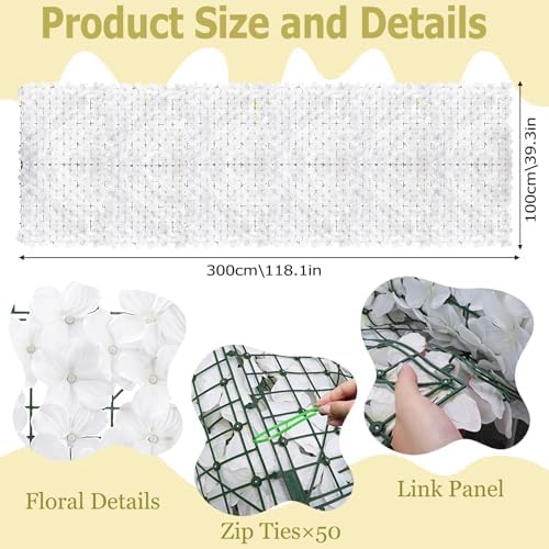 120x40in Privacy Screen for Fence Hydrangea Artificial Ivy Privacy Fence Panels Hedges Floral Wall Backdrop for Balcony Patio Garden Yard Pool Outdoor Decor (White) - Image 3