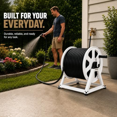 Dual Floor and Wall Mounted Garden Hose Reel, Holds 200ft of Water Hose, Heavy Duty Metal Hose Reel, Space Saving Hose Reel Organizer for Yard, Garage & Shed (White) - Image 2