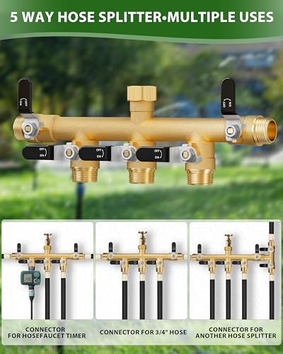 Garden Hose Splitter, 5 Way Heavy Duty Brass hose splitter, Water Hose Bib Spigot Splitter with 0.59" Full Flow Ball Valve Outlet & Shut-Off Valve 3/4'' Connector Outdoor Water Faucet Adapter - Image 6