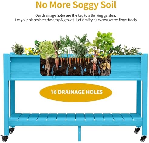 DWVO 47x18x31in Raised Garden Bed HDPE, Weather-Resistant Poly Wood Planter Box Stand, Planter Box with Legs, Storage Shelf & Lockable Wheels, Elevated Garden Bed for Backyard Patio - Aruba Blue - Image 5