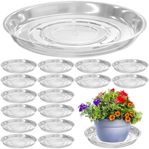 16 Packs 16 Inches Large Clear Plant Saucers for Indoor Outdoor Use Heavy Duty Plastic Plant Trays for Planter Flower Pot Drip Trays to Catch Water, 4 to 20 Inch, Round Transparent by Planterhoma