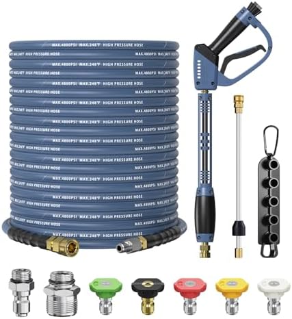 Pressure Washer Gun and Hose Kit, 4800PSI Flexible & Kink-Resistant - Steel Braided & Durable High Power Washer Hose 100 FT with 3/8" Swivel Quick Connector and M22 14mm Adapters & 5 Nozzles by Unknown