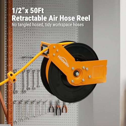 Retractable Air Hose Reel, 1/2" x 50FT Hybrid Air Hose, 300PSI Max, Auto-Rewind & Length-Lock, 1/2" NPT Fitting, Ceiling/Wall Mount Heavy Duty Single Arm Steel Reel for Workshop/Garage - Image 2