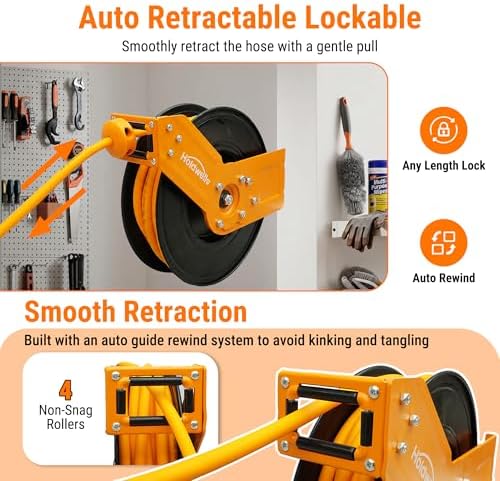 Retractable Air Hose Reel, 1/2" x 50FT Hybrid Air Hose, 300PSI Max, Auto-Rewind & Length-Lock, 1/2" NPT Fitting, Ceiling/Wall Mount Heavy Duty Single Arm Steel Reel for Workshop/Garage - Image 3