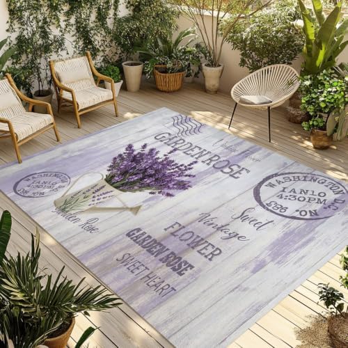 Lavender Flower 3x5 Waterproof Outdoor Rug with Non‑Slip Backing Watering Can Purple Old Postcard Wood Machine Washable Deck Patio Rug Mat for Camping, RV, Garden, Balcony Pool - Image 3