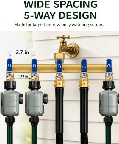 5-Way Garden Hose Splitter, Heavy-Duty Brass, 3/4" GHT, Blue - Image 3