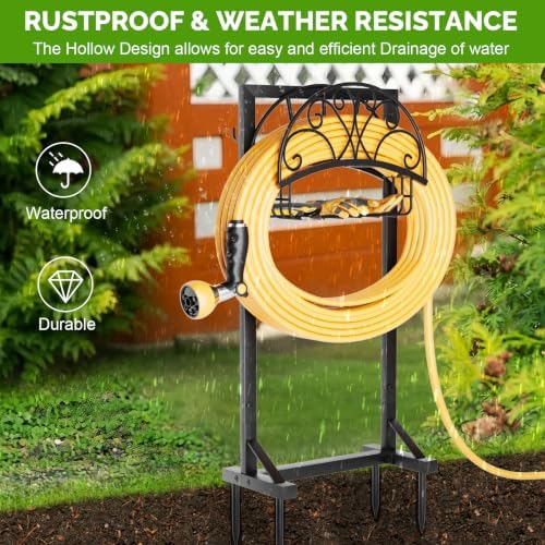 Garden Hose Holder with Storage Basket and Tool Hooks, Heavy-Duty Metal Hose Hanger Garden Hose Storage Holds 151Ft Hose, Rustproof Freestanding Water Hose Holder for Outside, Yard, Lawn - Image 6