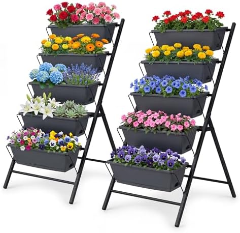 GIANTEX 5 Tier Vertical Planter Set of 2, Raised Garden Bed with Drainage Holes & Removable Trays, Metal Frame Elevated Planter Boxes for Herbs Vegetables Flowers, Indoor Outdoor Patio Balcony by Giantex