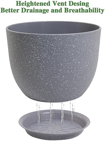 UOUZ 12/10/9 Large Modern Plant Pots, Plastic Planters with Drainage Holes and Saucers for Indoor Outdoor Plants Flowers, Grey Speckles - Image 3