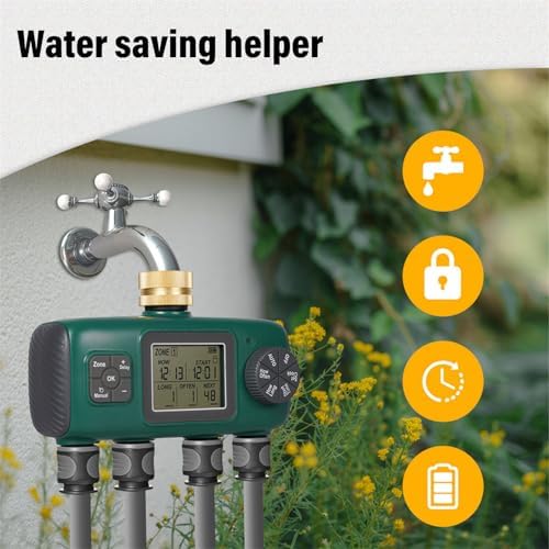 Diydeg Sprinkler Timer, 3/4in Brass Inlet 4 Zone Programmable Water Timer with Rain Delay, Automatic Irrigation Controller System Outdoor Soaker Hose Timer for Garden Hose, Yard - Image 2
