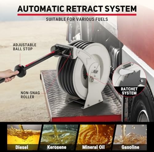 Fuel Hose Reel 3/4" x 50', Retractable Diesel Reel with Fueling Nozzle - Image 3