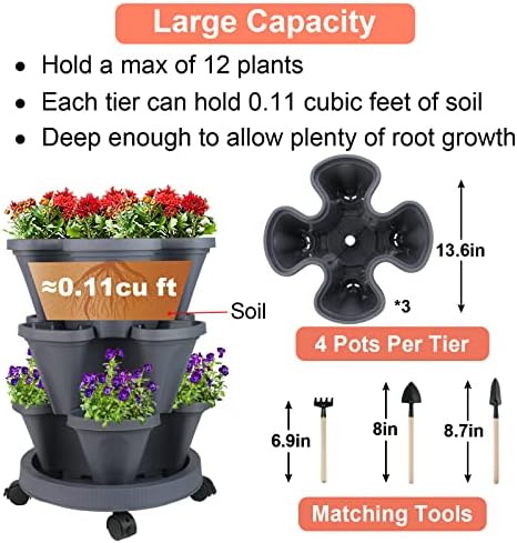 GameXcel Vertical Planter Tower - 3 Tier Stackable Garden Planters with Wheels and Tools Plant Pots for Strawberry Herb Flower and Vegetable Indoor Outdoor Use Dark Gray 2 Pack - Image 5