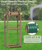 Freestanding Garden Hose Reel holds 125ft Hose of 5/8" with 4 Hooks, 4-Spike Outdoor Hose Holder with 3.9ft Leader Hose & Brass Fitting, Detachable Metal Hose Stand with Storage Rack, Brown - Image 2