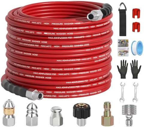 100FT Sewer Jetter Kit for Pressure Washer 5800PSI,1/4" NPT Drain Jetter Hose with 1/4" Quick Plug，3 Sewer Jet Nozzles，Spanners Teflon Tape Gloves and Spray Nozzle for Cleaning by VividWash