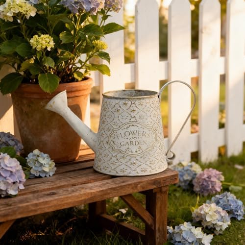 Vintage White Metal Flower & Garden Watering Can, Rustic Farmhouse Decorative Watering Pot Planter for Home Patio Backyard Outdoor Plant Care - Image 3
