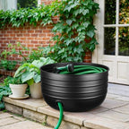 Monarch Abode Garden Hose Holder with Lid – Decorative Water Hose Holders for Outside, Border Embossed Metal Matte Black Pot with Drainage, 100ft Waterhose Holder for Outside, Garden Storage Caddy - Image 6
