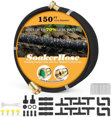 Soaker Hose 150ft for Garden Beds Solid Brass Interface Irrigation Save 70% Water Heavy Duty Rubber 1/2" Diameter Great for gardens/flower beds Accessories Contain Various Connections by HZGREEN