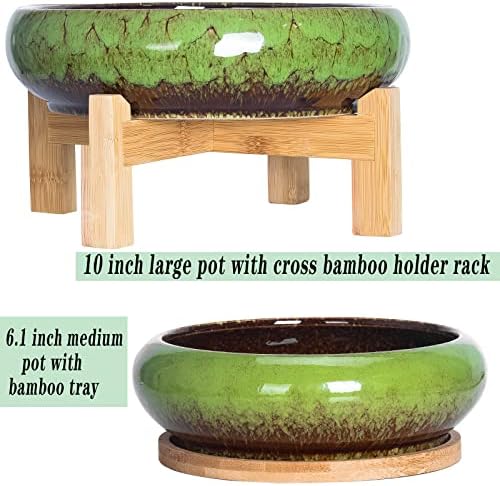 Succulent Pots, 7.3/10 Inch Large Bonsai Pots with Tray Set of 2 - Image 2