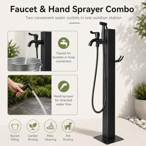 Outdoor Garden Water Post with Faucet and Hand Sprayer, Freestanding Stainless Steel Faucet Stand with Bottom/Side Inlet, NPT and GHT Adapters for Yard Patio Cleaning (23.6",Square-Spray) - Image 4