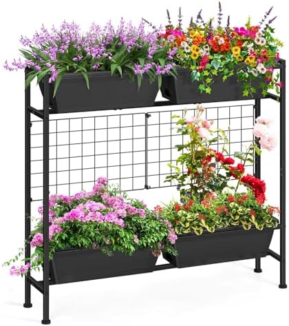 OYEAL Raised Garden Beds Outdoor with Legs 32" Tall Herb Garden Planters Box Raised Flower Beds for Gardening, Vertical Privacy Planter with Trellis for Patio, Porch, Backyard, Balcony, Grey by OYEAL