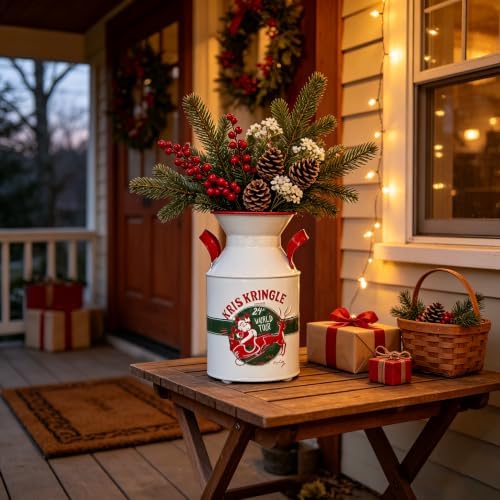 Vintage Christmas Kris Kringle Metal Milk Can Vase, Rustic Holiday Decorative Flower Jug with Red Handles, Festive Pitcher for Indoor Home Decor, Christmas Floral Arrangements - Image 5