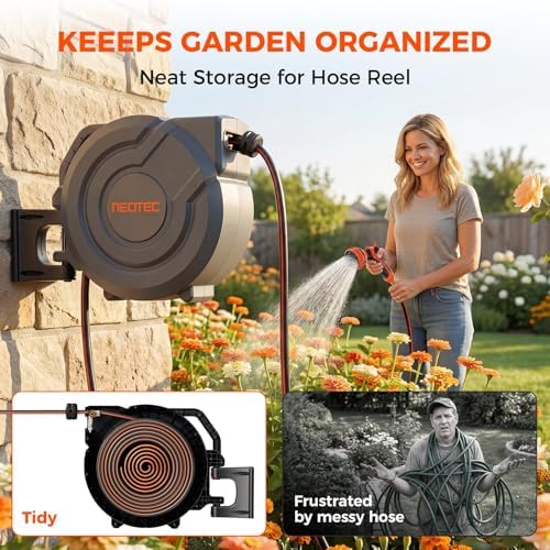 NEO-TEC 115 ft x 5/8 inch Retractable Garden Hose Reel Any Length Lock 9 Sprayer Nozzle Automatic Slow Return Heavy Duty 180° Swivel Wall-Mounted Hose Reels for Outside UV Resistant - Image 3