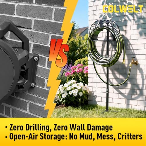 Colwelt Garden Hose Holder & 50FT Water Hose 1/2", Freestanding Water Hose Holder, Rustproof Detachable Garden Hose Storage, Water Hose Reel Stand with Storage Basket, Metal Hose Stand for Yard & Lawn - Image 5