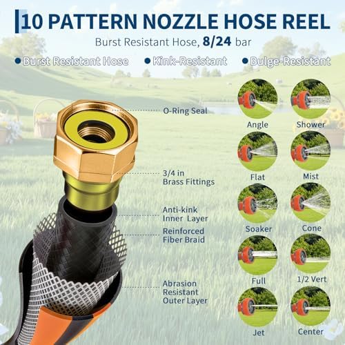 100FT Retractable Garden Hose Reel, 1/2" in Mesh PVC Water Hose Reels with 10-Function Spray Nozzle, Automatic Slow Retraction System, Any Length Lock for Garden, Yard & Outdoor Watering - Image 6