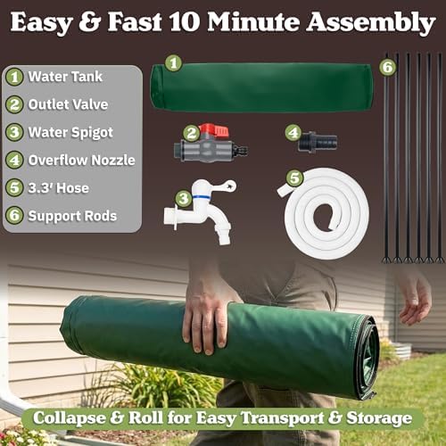 Collapsible Rain Barrel Kit - 100 Gallon / 380 L Portable Collapsible Water Container Tank - PVC Rain Collection System with Filter, Spigot, Outlet Valve, Overflow Tap and Hose by Pure Garden (Green) - Image 4