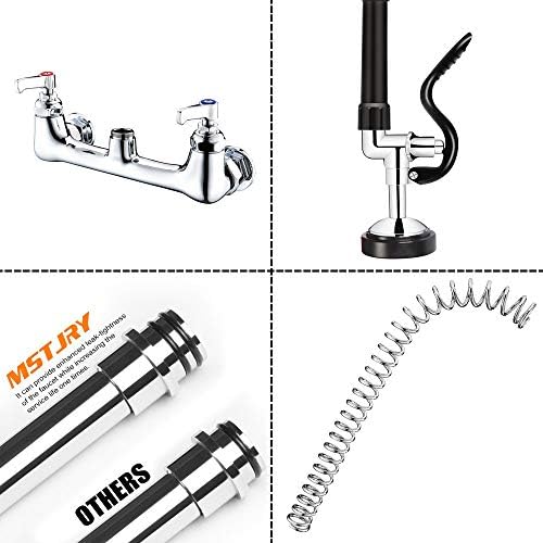 MSTJRY Commercial Faucet with Sprayer 20" Height, 8" Center with 8" Spout Commercial Wall Mount Kitchen Sink Faucet Pre Rinse Sprayer,for 1/2 Compartment Sink (Polished Chrome,Brass) - Image 4
