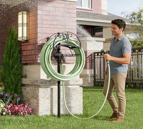 Freestanding Garden Hose Organizer with Storage Basket - Heavy-Duty Black Powder-Coated Hose Stand, Detachable Design Holds 150FT Hose, Includes Wrench & Screwdriver for Easy Assembly - Image 5