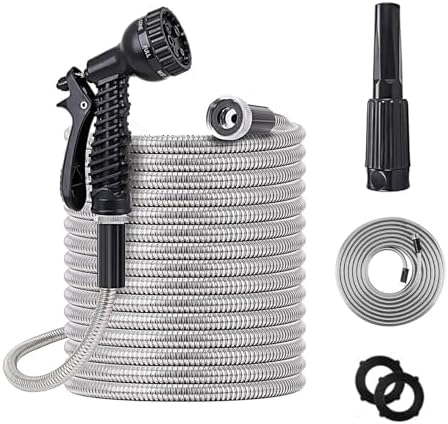 75ft Metal Garden Hose Stainless Steel Heavy Duty Water Hose With 2 Nozzles, No Tangle and Kink, Lightweight & Flexible, Tough and Pet Proof, Metal Garden Hose for Yard, RV, Garden, Outdoor by KIDYBELL
